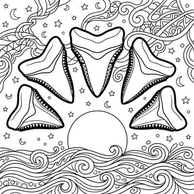 Discover colossal Megalodon teeth emerging from a mystical night ocean, illuminated by stars and a crescent moon. This unique coloring page blends prehistoric awe with serene nocturnal beauty, perfect for an engaging and creative escape.