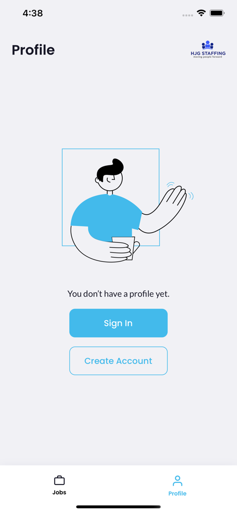 HJG Staffing - HJG Staffing app profile page with sign in and create account options for job seekers in the DFW area