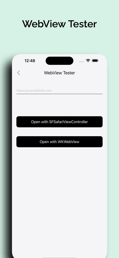 DevBox - Toolbox for Developer - Interface do Testador de WebView no aplicativo DevBox mostrando opções para testar URLs usando SFSafariViewController e WKWebView