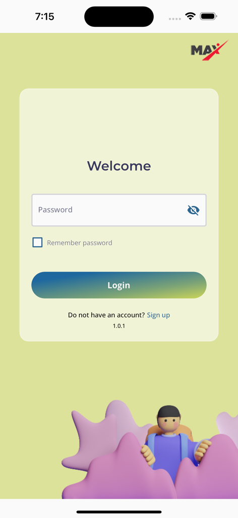 Adrenalin MAX 2.0 - Login interface of Adrenalin MAX 2.0 app with password field and welcome message