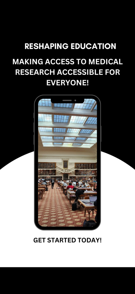Z-Score™ - iPhone-Bildschirm, der die Mission der Z-Score-App zeigt, medizinische Forschung zugänglich zu machen, mit einem großen Bibliotheks-Hintergrund