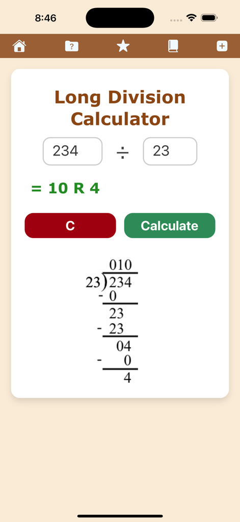 Interfaz de la aplicación Calculadora de División Larga mostrando una solución de problema de matemáticas paso a paso.