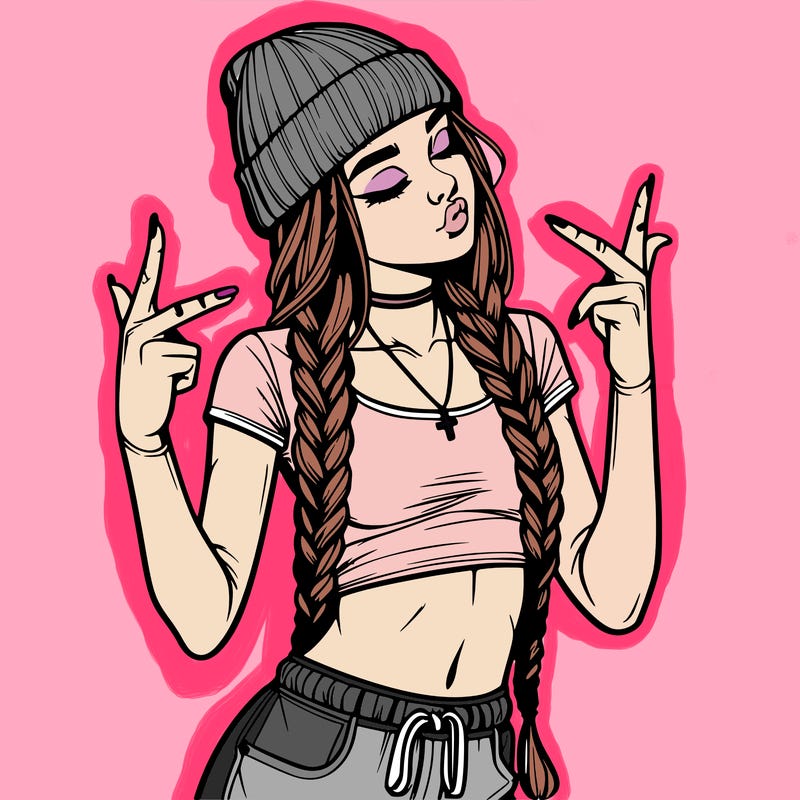 realistic teenage girl with braids and a beanie and crop top doing 🫶🏼