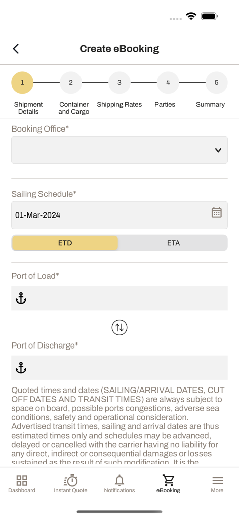 Step one of the create eBooking process showing shipment details in the myMSC app
