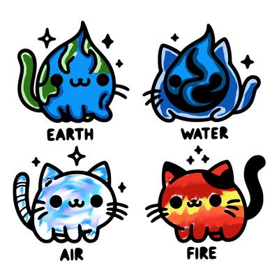 4 cats that represent the different elements, earth, water, air, and fire