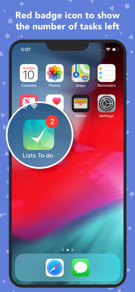 Lists To-do - Lists To-do app icon on an iPhone home screen with a red badge showing the number of tasks left.