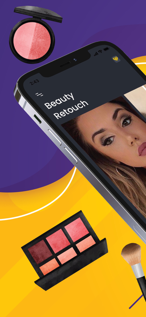 Schermata dello smartphone che mostra la funzione Beauty Retouch dell'app Body Editor con illustrazioni di trucco