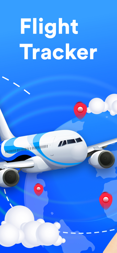 Flight Tracker - Live Radar. - Un'illustrazione di un aereo commerciale che vola sopra un globo con segnaposti e il testo Flight Tracker