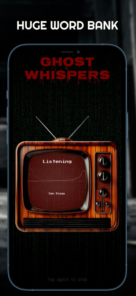 Ghost hunting app interface showing a vintage TV screen with Huge Word Bank text