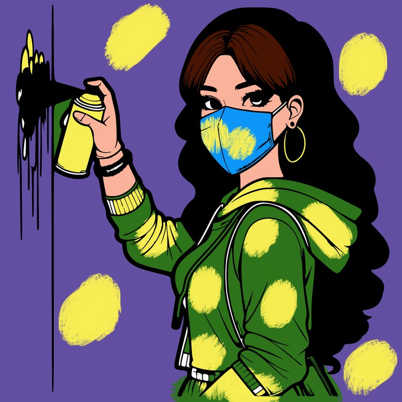 realistic girl with mask spray painting a wall