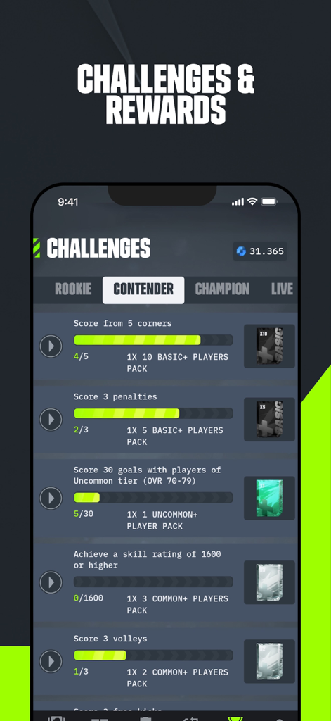 Goals Companion app interface showing gameplay challenges and player pack rewards