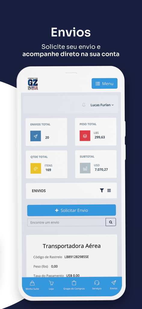 Compre com GZ in USA - Dashboard of the Compre com GZ in USA app showing shipment totals weight and tracking info