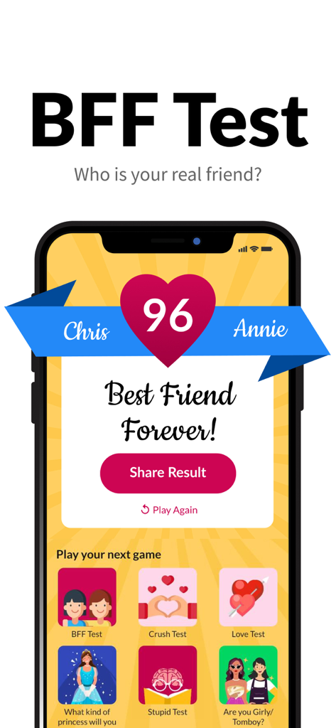BFF Test: Best Friend Quiz - Una pantalla de smartphone que muestra una puntuación de amistad de 96 en la app BFF Test