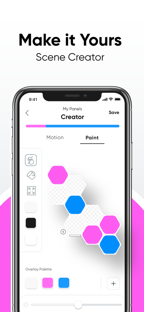 Nanoleaf - iPhone showing the Nanoleaf app scene creator interface with pink and blue hexagonal light panels