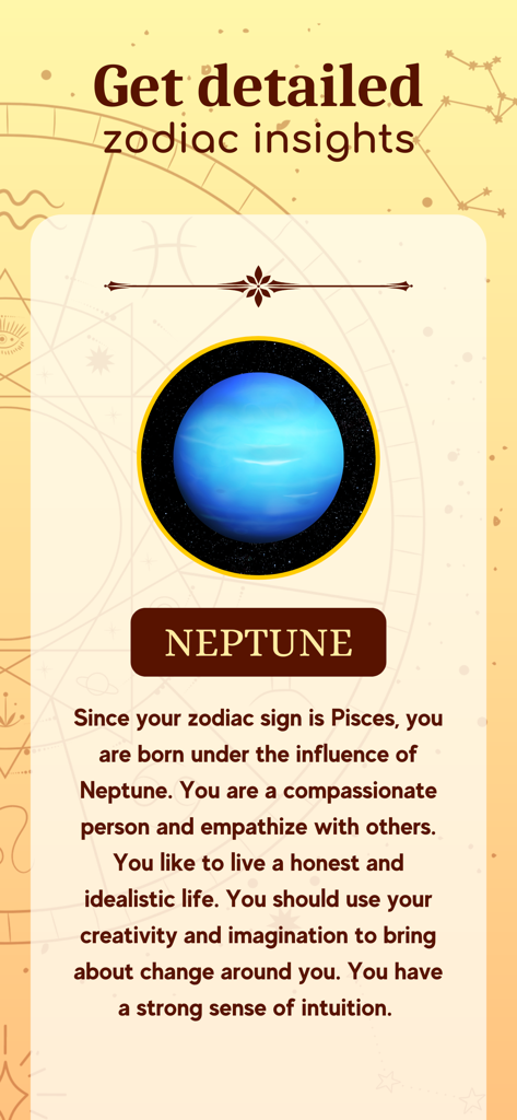 Zodiac app screen showing personality traits for Pisces under the influence of the planet Neptune
