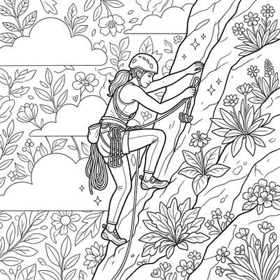 Dive into an exciting spring scene with this detailed coloring page featuring a lead climber in action. Adorned with vibrant blossoms and lush foliage, it's a perfect blend of adventure and nature for your creative escape.