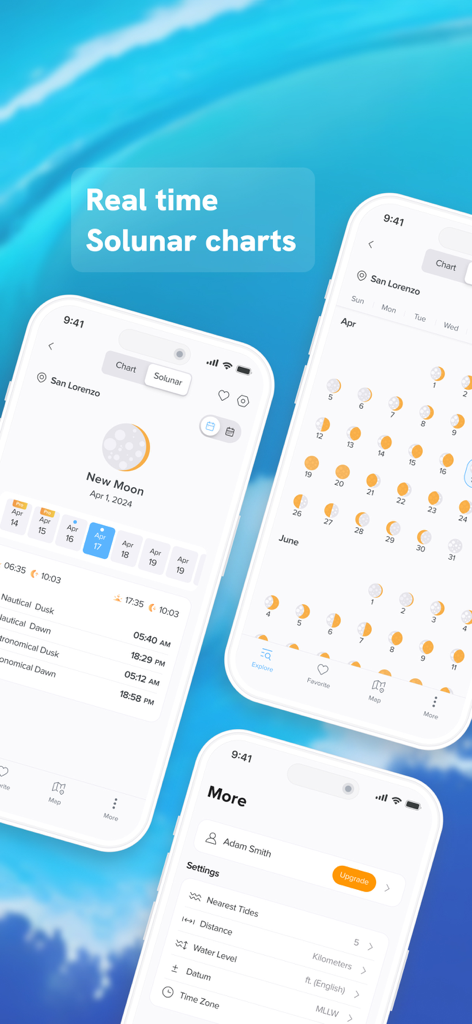NOAA Tide Chart & Forecast - Aplicación móvil NOAA Tide Chart que muestra ciclos de fases lunares y datos solunares para pesca y navegación