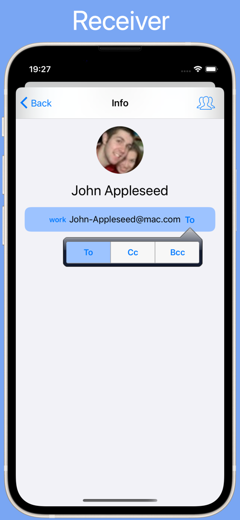 GroupsPro - Interfaz en GroupsPro para seleccionar Para, Cc o Cco para una dirección de correo electrónico de contacto
