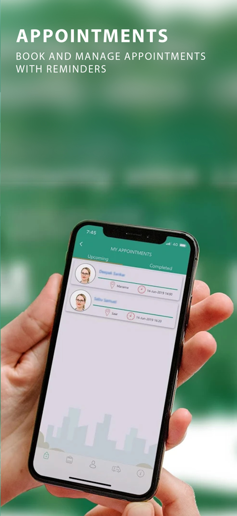 AMH Mobile - AMH Mobile app interface showing the My Appointments screen for booking and managing medical visits at American Mission Hospital.