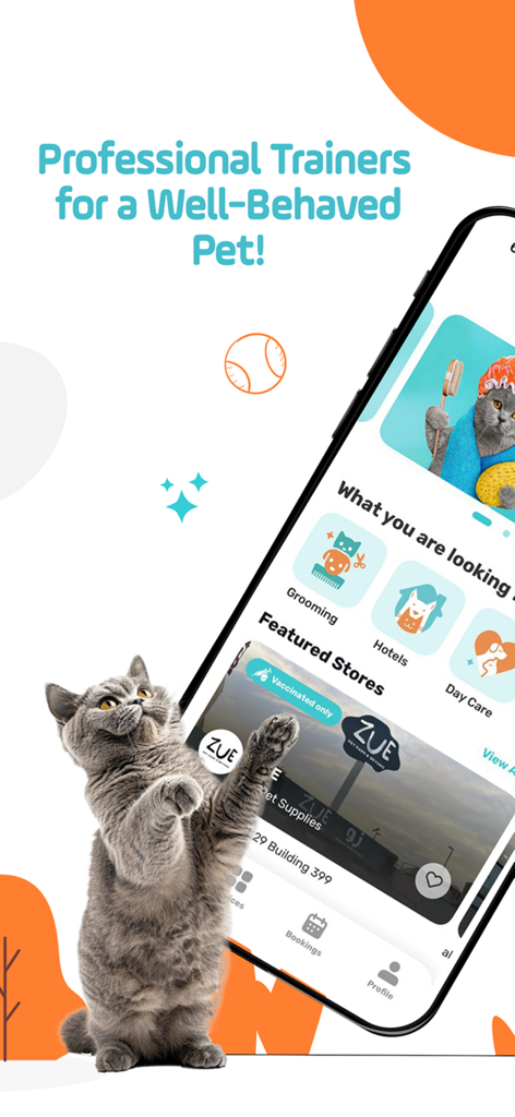 Fuzzo -فوزو - Mobile phone screen of Fuzzo app displaying pet grooming and boarding services
