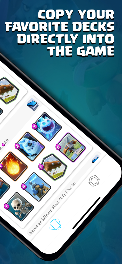 Decks Royale for Clash Royale - Smartphone-Bildschirm, der die Deck-Kopierfunktion in der Decks Royale App für Clash Royale zeigt