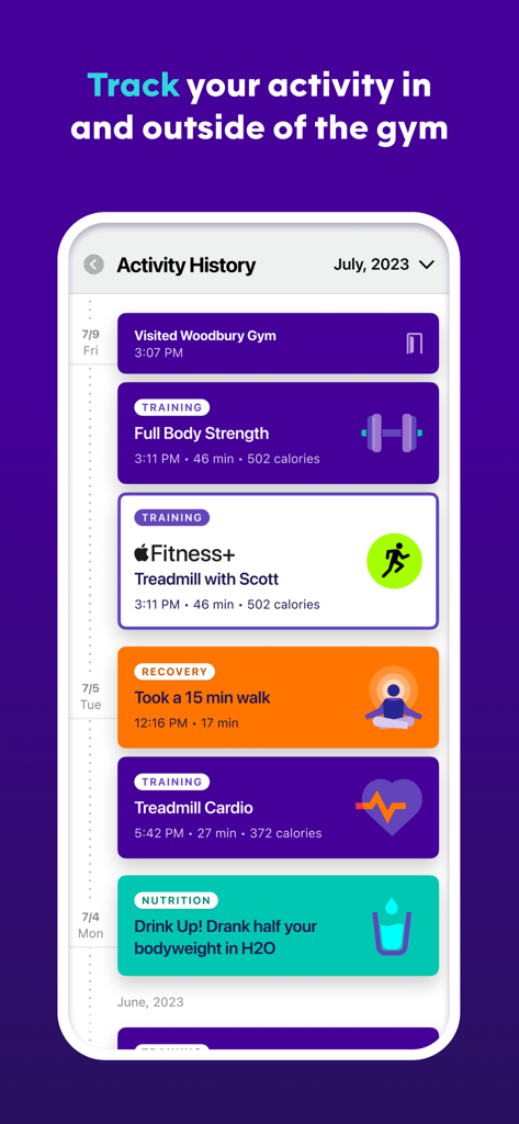AF App - AF App Aktivitätsverlauf-Bildschirm, der Studiobesuche, Workouts und Ernährungsverfolgung zeigt