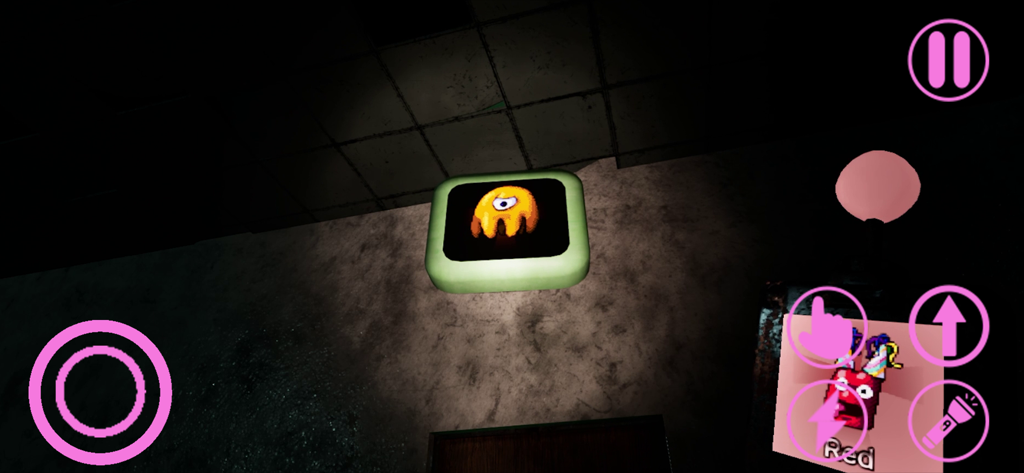 First-person gameplay of Garten of Banban 8 showing a glowing eye icon and pink mobile touch controls in a dark room