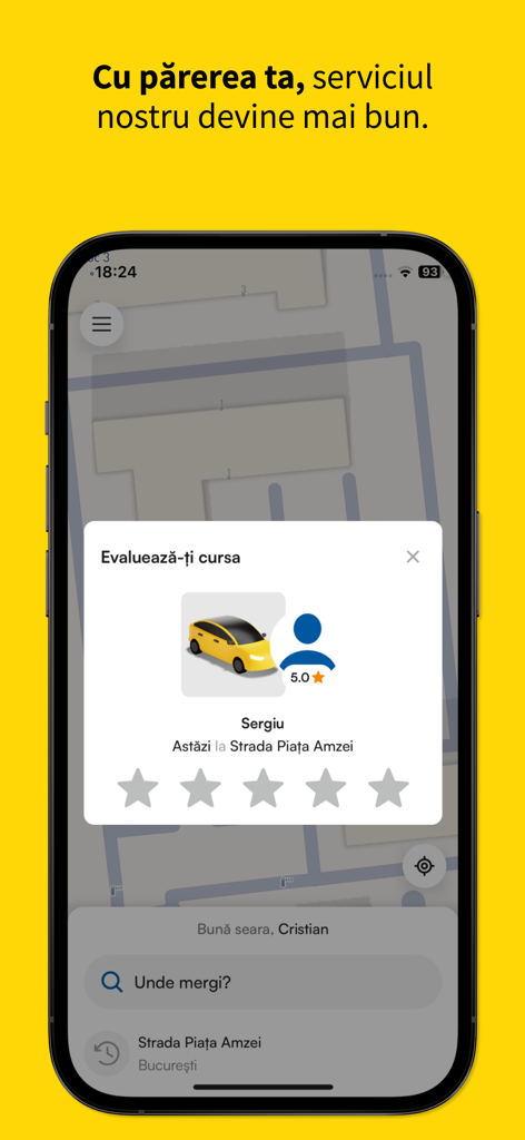 Meridian - Meridian taxi app interface showing a driver rating pop-up with a five star evaluation for a driver in Bucharest.