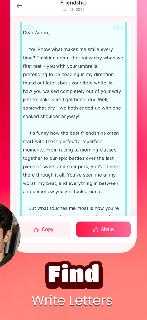 Mulm - Una carta sentimental de amistad generada en la interfaz de la aplicación de escritura de IA Mulm.