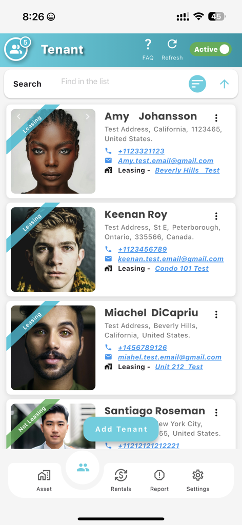 Uma tela de lista de inquilinos no aplicativo Sistema de Gestão de Aluguel exibindo fotos de perfil e detalhes de locação