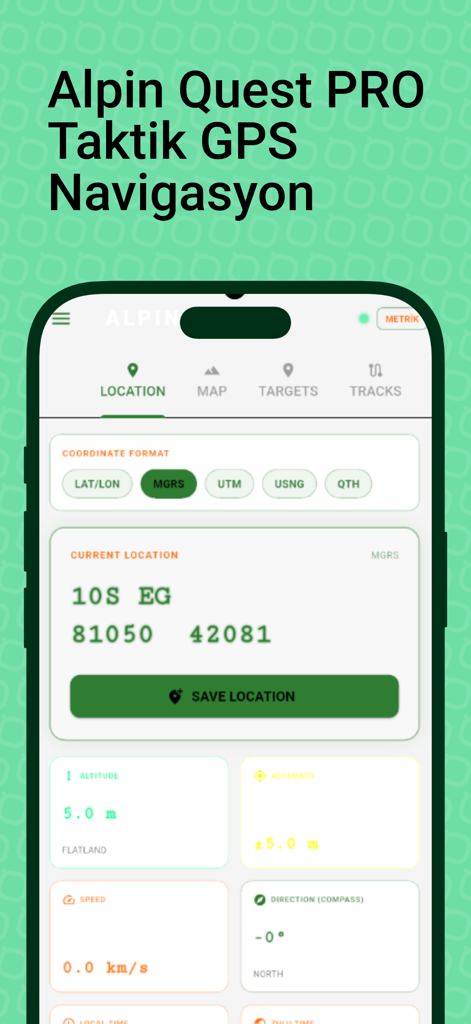 Alpine Quest PRO - Alpine Quest PRO app interface showing tactical GPS navigation and MGRS coordinate tracking