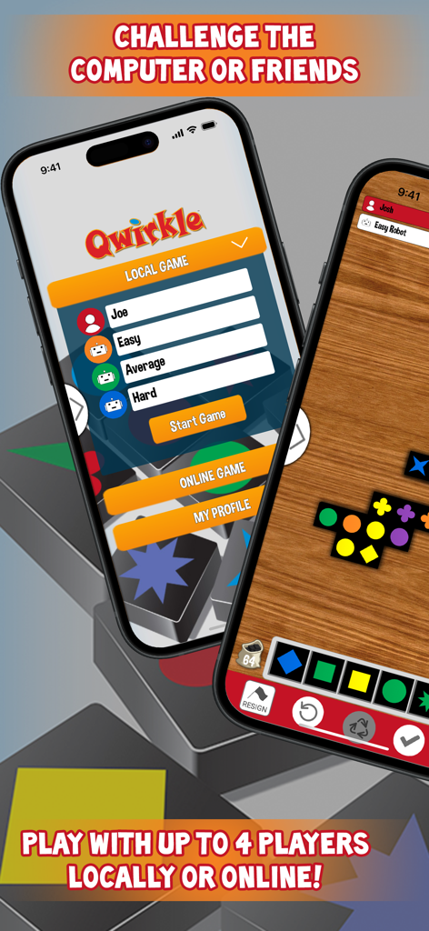 Qwirkle - Screenshots of the Qwirkle mobile app showing local multiplayer setup and active gameplay on a wooden board.