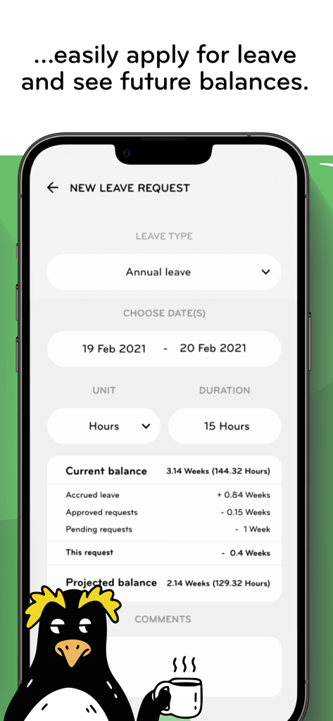 Smartly - Smartly mobile app interface showing a new leave request form with date selection and leave balance projections