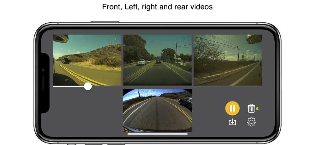 Visualização de câmera sincronizada de quatro vias de filmagens do dashcam Tesla em um iPhone em modo paisagem