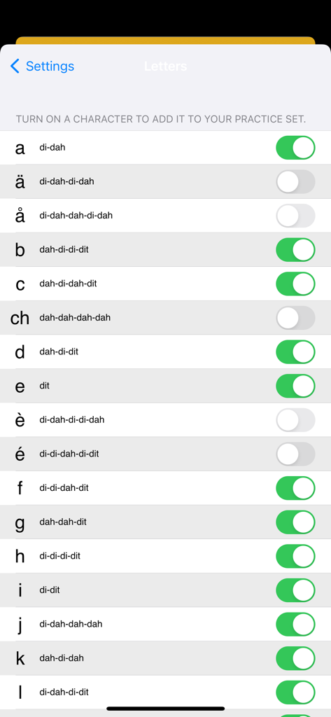 Ham Morse - Settings screen in the Ham Morse app showing a list of letters with their corresponding morse code sounds and toggle switches to select characters for practice.