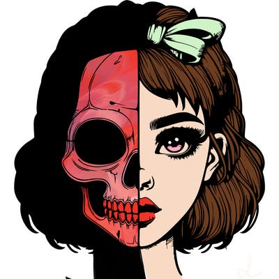 realistic girl with half skull mask