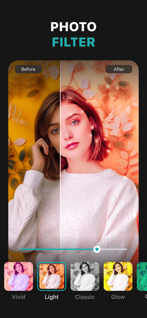 PhotoLeaf app screen showing before and after photo filter comparison