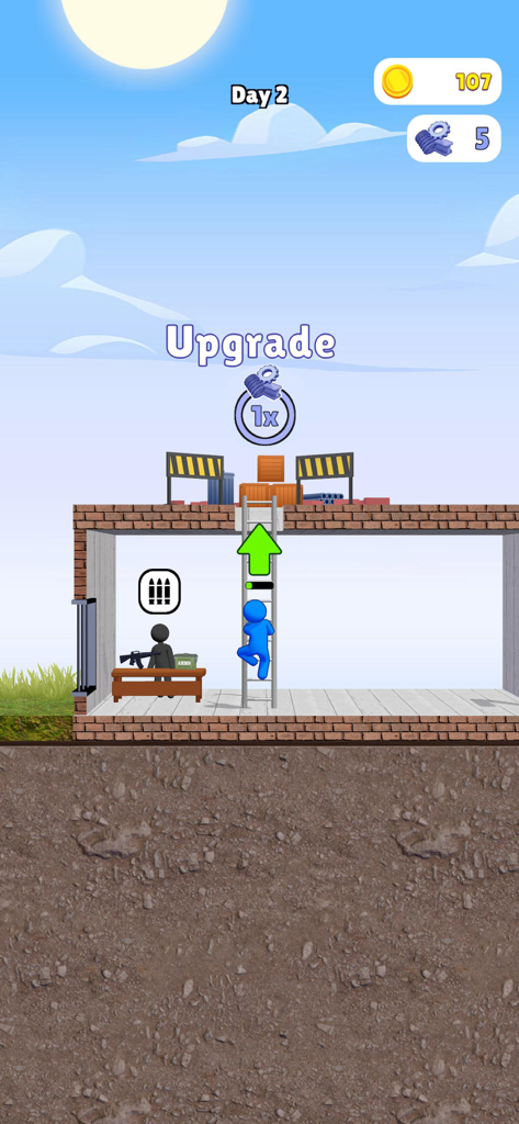 Dusk WarZ - Gameplay of Dusk WarZ showing a character climbing a ladder in a brick base during the day phase with an upgrade icon and resource count