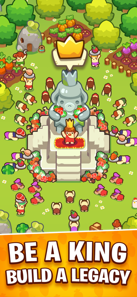 God of World - Ein Steinzeitkönig, der an einem Denkmal steht, während Dorfbewohner im Spiel God of World Opfergaben darbringen.