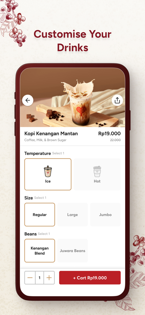 Kopi Kenangan Indonesia - Mobile app interface for customizing coffee orders in the Kopi Kenangan app