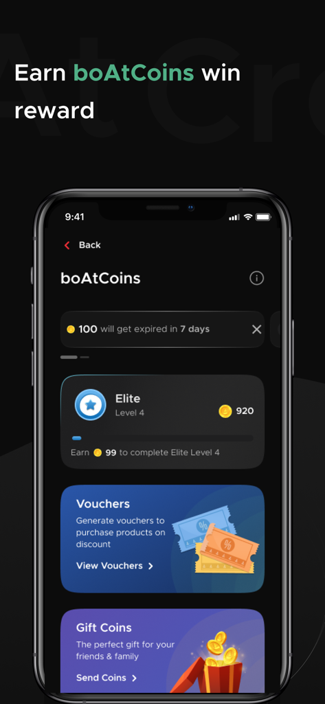 boAt Crest - 사용자를 위한 boatcoins 보상 바우처 및 기프트 코인을 보여주는 boAt Crest 앱 화면