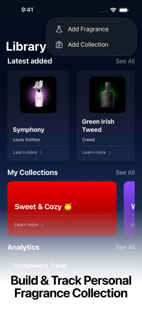 Perfume Advisor - MaxManScents - A screenshot of the perfume library in the MaxManScents app showing personal collections and the option to add new fragrances