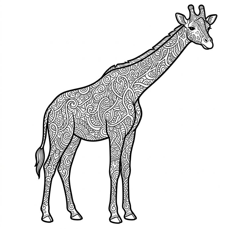 Discover a stunning Zentangle giraffe design, perfect for a meditative coloring experience. This intricate illustration combines the majesty of giraffes with the beauty of abstract patterns, inviting you to relax and create.