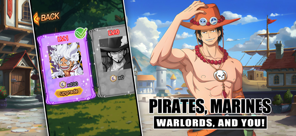 Pirate Frontline - Pirate Frontline game interface showing character leveling and anime pirate artwork