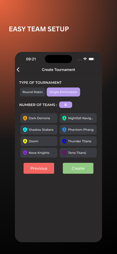 Bracket & Scheduler - Bracket and Scheduler App-Oberfläche, die eine einfache Teameinrichtung für ein Single Elimination-Turnier mit acht Teams zeigt