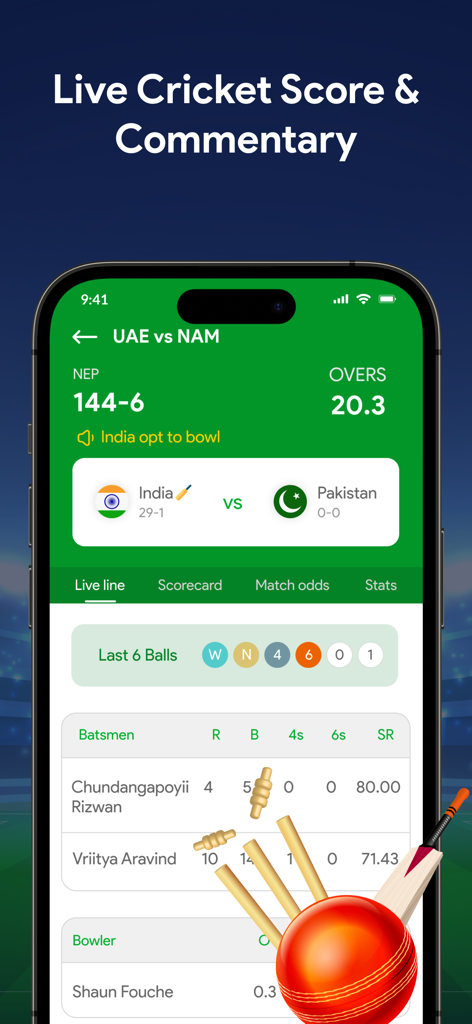 Live Cricket Score : Live Line - Mobile app interface displaying live cricket scores, ball-by-ball updates, and player statistics