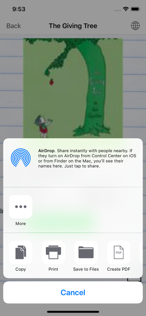 BookScanner Book Leveler App - BookScannerアプリのiOS共有メニュー。PDF印刷またはAirDrop経由での書籍データのエクスポートオプションが表示されている