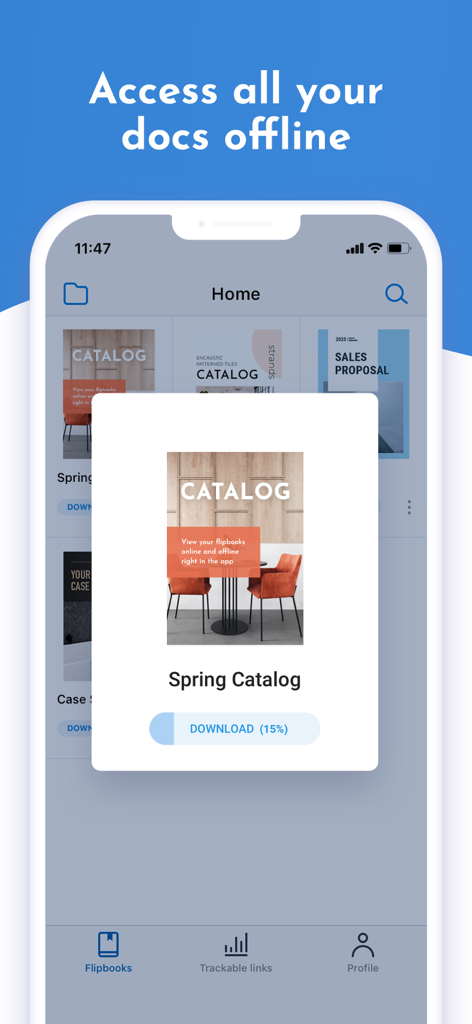 The FlippingBook mobile app interface showing a sales catalog being downloaded for offline viewing