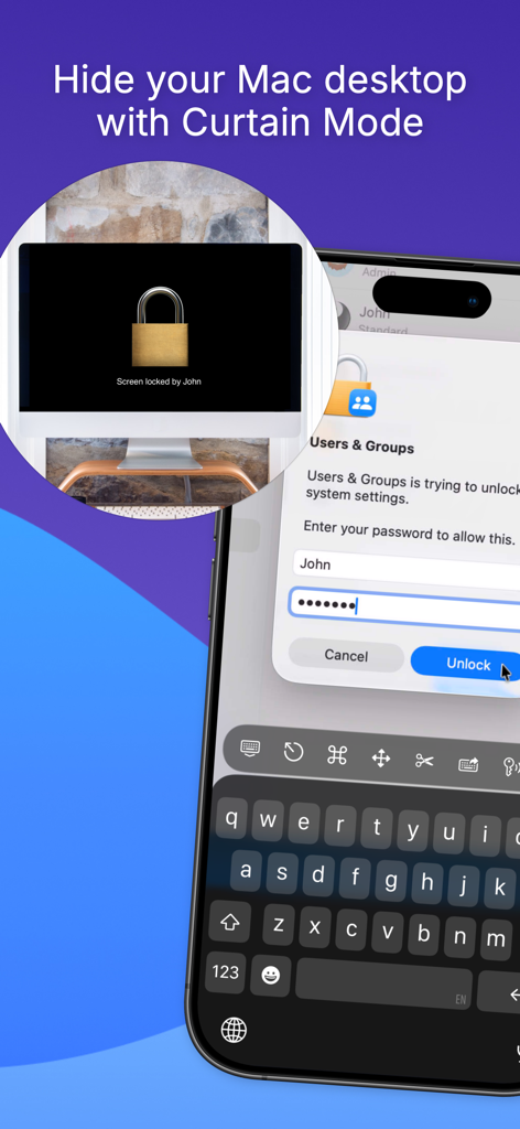La aplicación Screens 5 muestra el Modo Cortina para ocultar un escritorio remoto de Mac mientras se accede a él desde un iPhone.