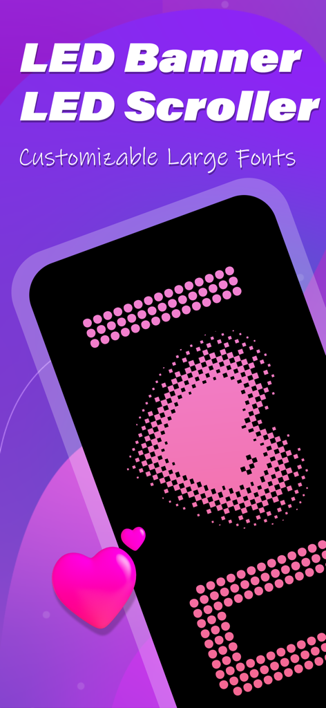 LED Banner : Make It Big Text - LED 배너 앱 인터페이스에 분홍색 디지털 하트와 스크롤러 텍스트가 표시됨